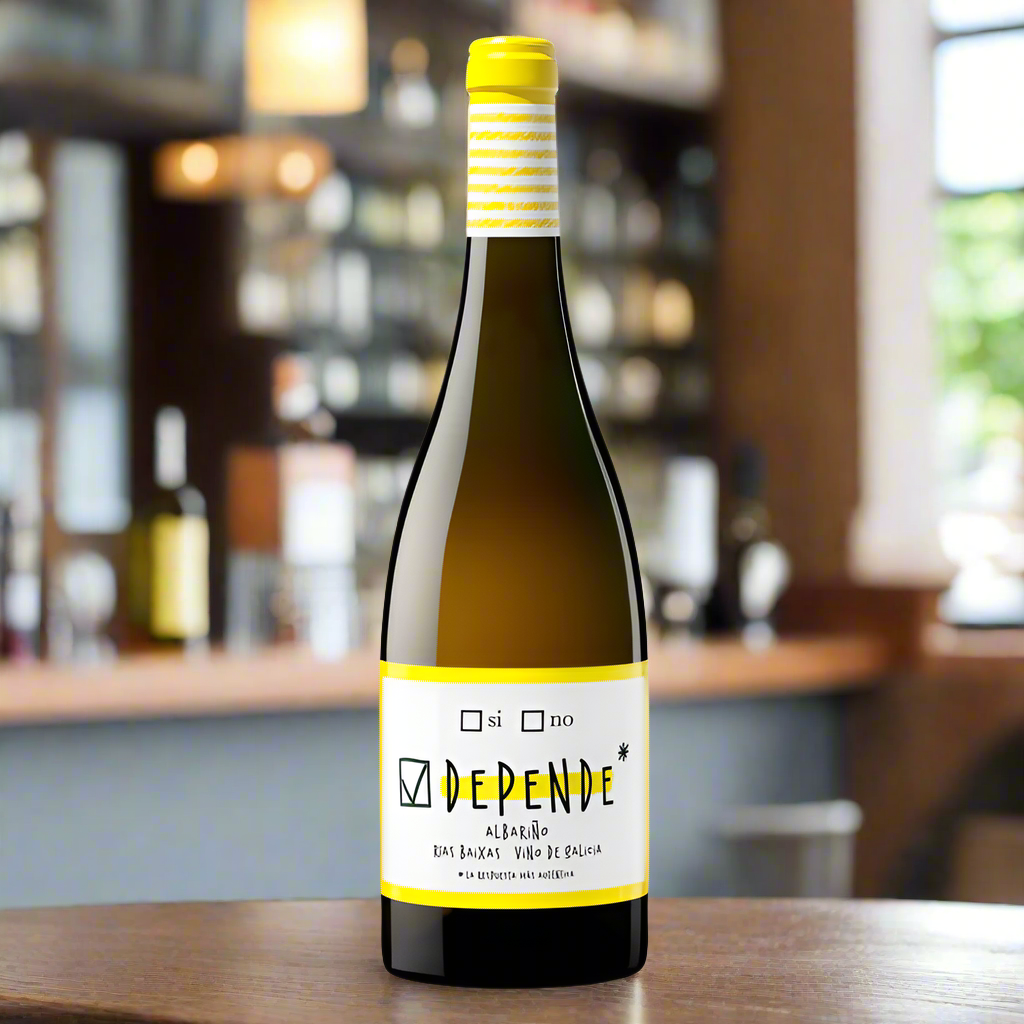 Wine bottle with a yellow label on a white background on a bar
