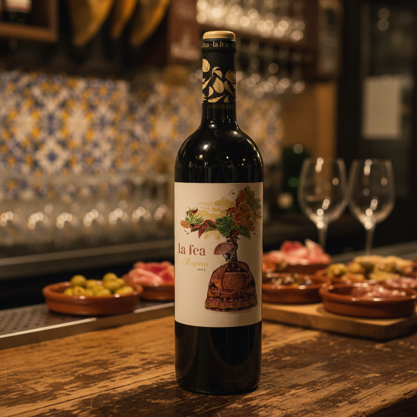 Bottle of red wine called La Fea on a bar in Spain.