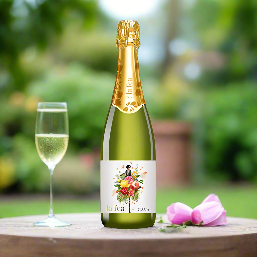 Green sparkling wine bottle with gold foil cap on a wooden surface and in a garden