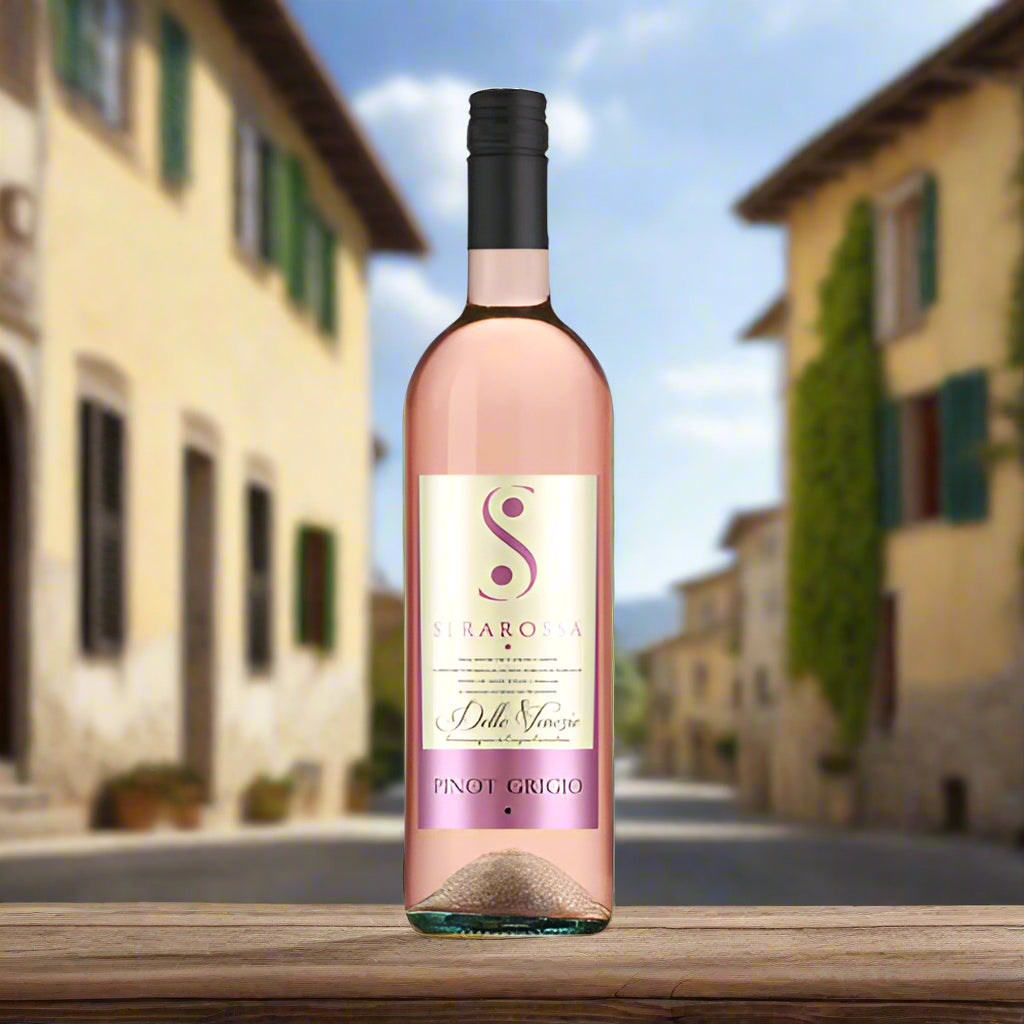 Bottle of Serrarega Pinot Grigio blush in an italian village