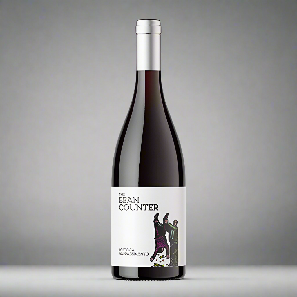 a bottle of red wine with the bean counter written on it. It has a picture of a man being held upside down by his feet and money is falling out of his pockets