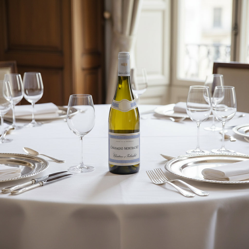 Wine bottle labeled 'Chassagne-Montrachet' on a white linen table cloth in an elegant restaurant with silver cutlery and wine glasses