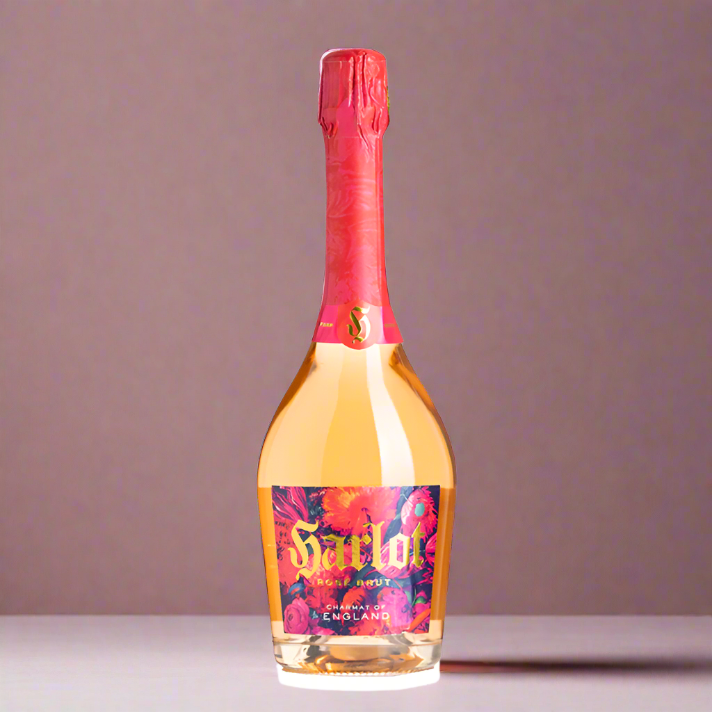 Bottle of Harlot Rosé against a dusky pink background. The label is bright with flowers