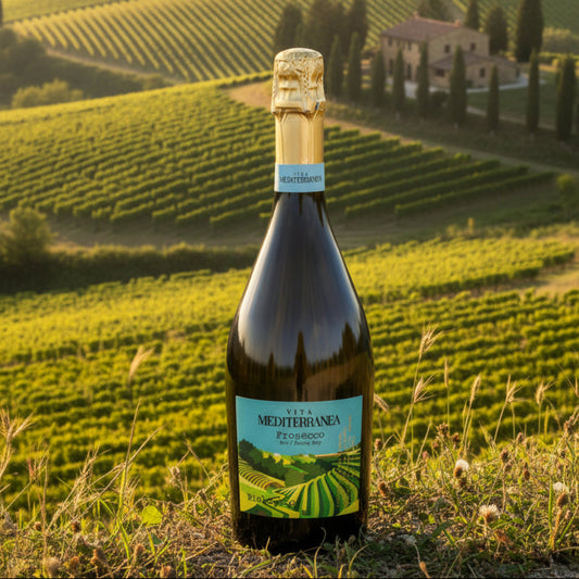Bottle of Viva Mediterranea Prosecco in the Italian countryside