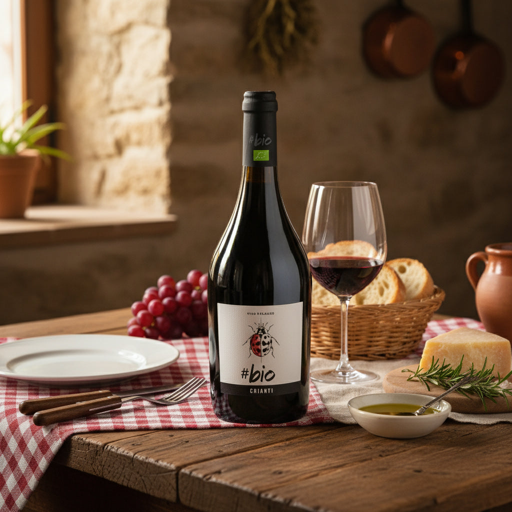 Wine bottle with '#bio' label on a Tuscan dining table 