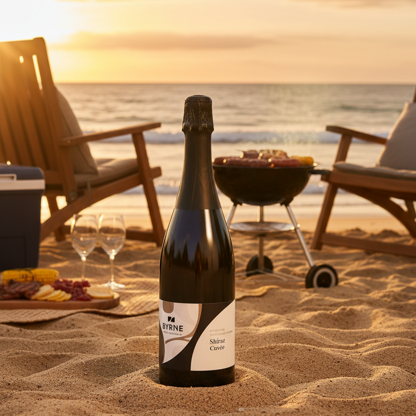 A bottle of Byrne Shiraz Cuvrée sparkling wine, featuring a dark glass bottle with a black foil capsule and a modern white and gray label, set against a plain white background.