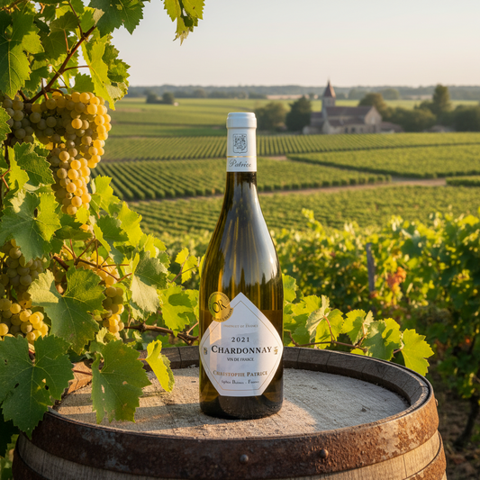Bottle of 2021 Chardonnay wine on a barrell in a vineyard