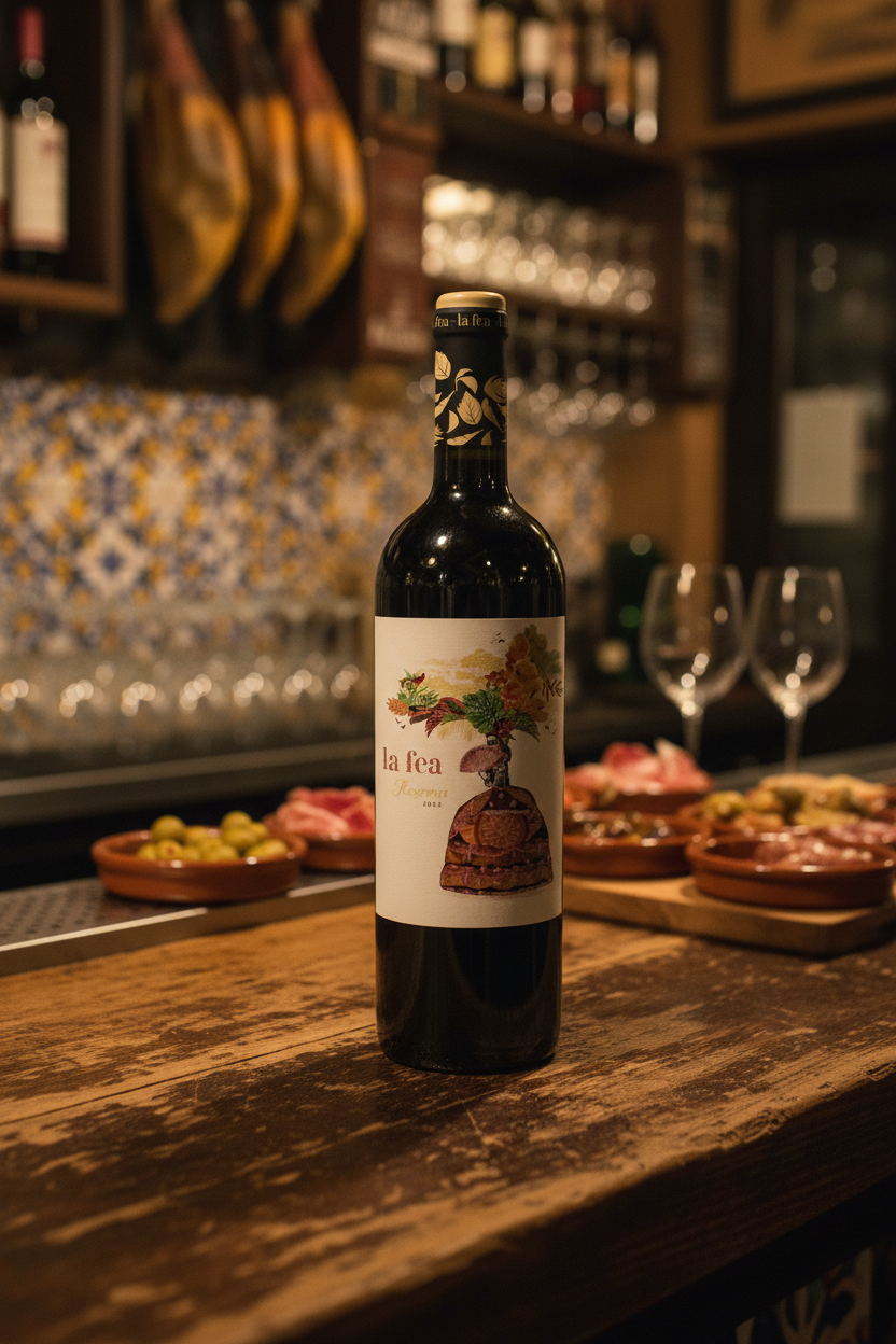 Bottle of red wine called La Fea on a bar in Spain. 