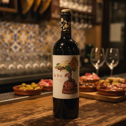 Bottle of red wine called La Fea on a bar in Spain. 
