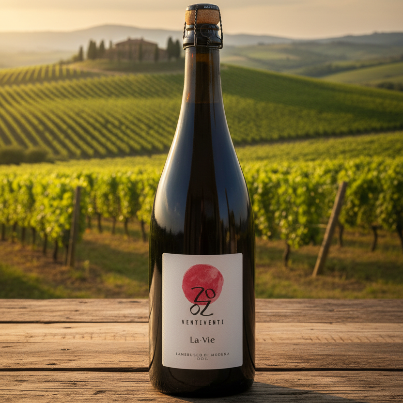 A bottle of 20 oz Ventisferre La Vie sparkling wine on a plain white background, with a cork stopper and a white label featuring a red circular graphic.