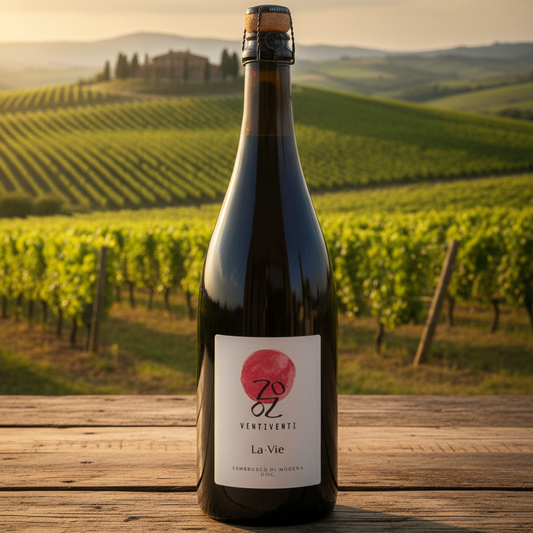 A bottle of 20 oz Ventisferre La Vie sparkling wine on a plain white background, with a cork stopper and a white label featuring a red circular graphic.