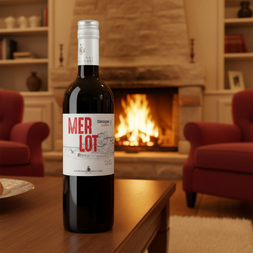 A bottle of Merlot Classiques Ardeche red wine on a table next to a roaring fire