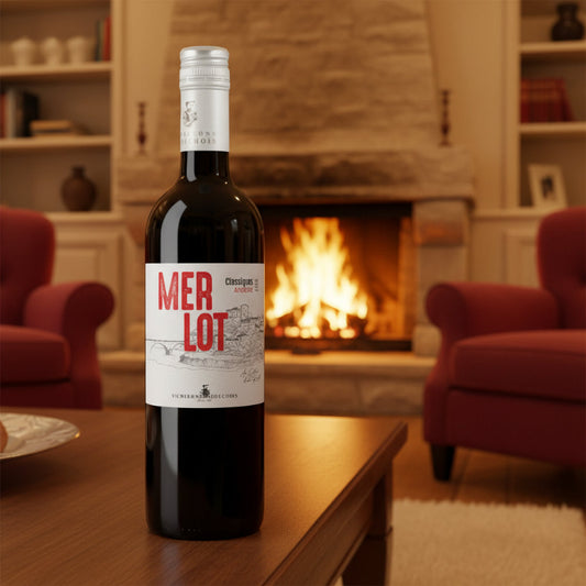 A bottle of Merlot Classiques Ardeche red wine on a table next to a roaring fire