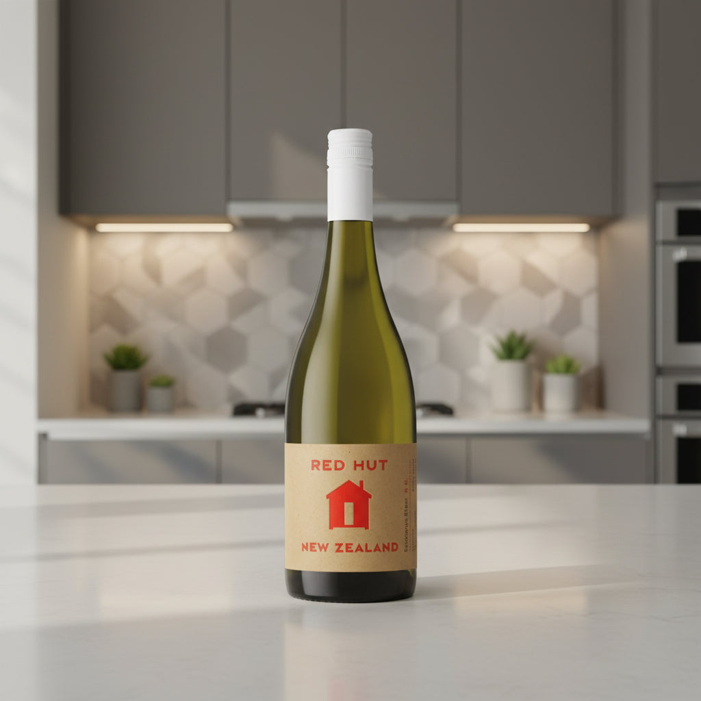 A bottle of Red Hut New Zealand wine with an olive green glass body, a beige paper label featuring a red house logo, and a white screw cap, shown against a plain white background.