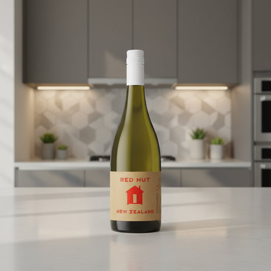 A bottle of Red Hut New Zealand wine with an olive green glass body, a beige paper label featuring a red house logo, and a white screw cap, shown against a plain white background.