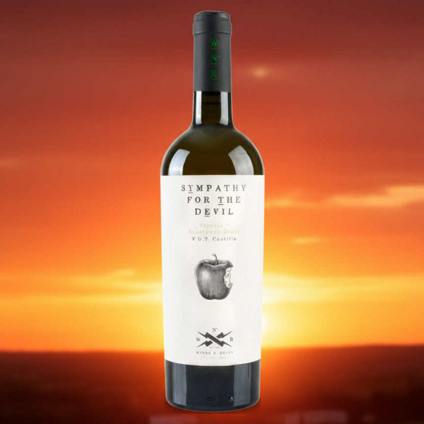 Wine bottle labeled 'Sympathy for the Devil' with a background of a red sun set