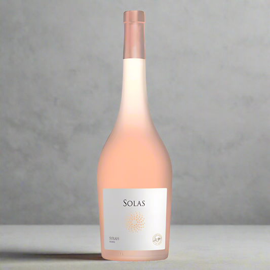A bottle of rose.  light link colour with a simple white label. behind it is a plain grey background
