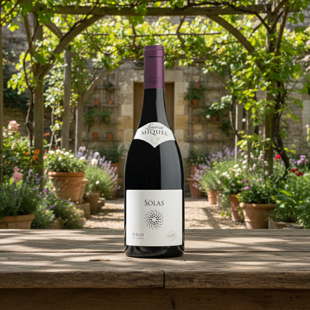 Wine bottle with 'Laurent Miquel Solas' label on a white background. The wine is sat on a wooden table in a garden with vines in the background.