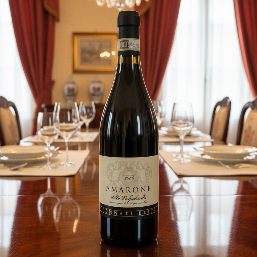 Bottle of red amarone wine on an elegant and traditional dining room table