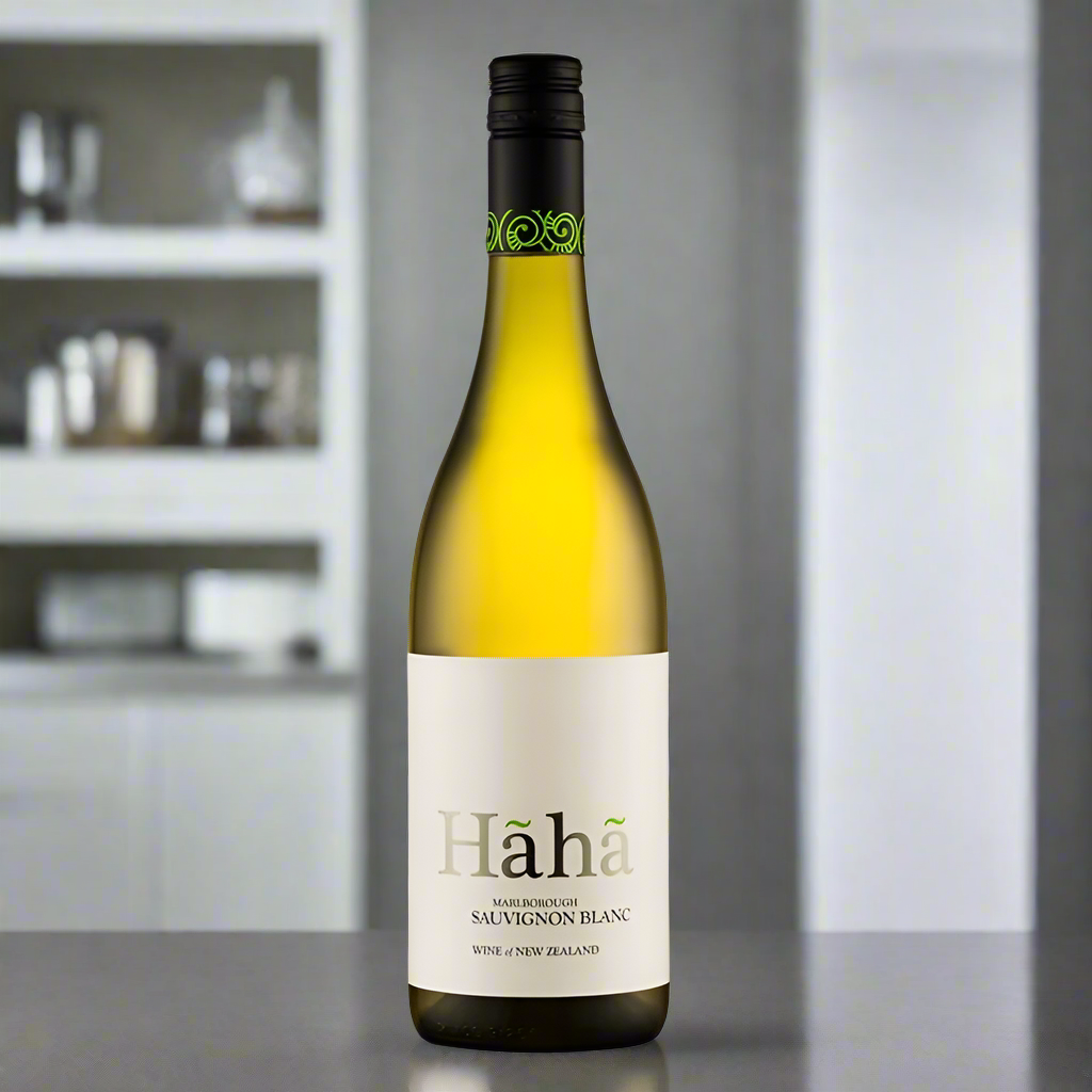 Wine bottle with 'Haha' label on a white background. Its sat on a kitchen top