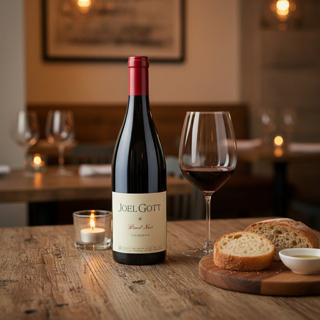 Joel Gott Pinot Noir bottle of red wine on a table in an elegant restaurant