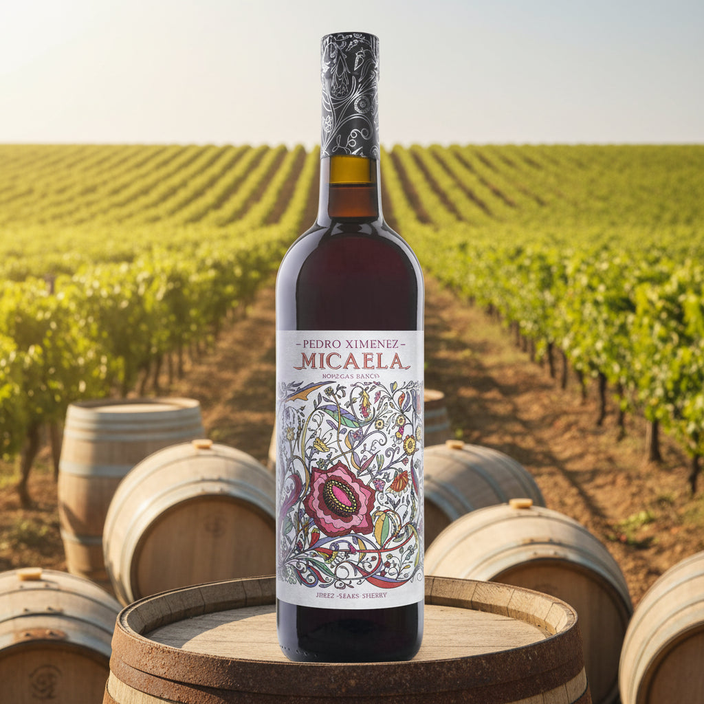 Bottle of Pedro Ximenez Micaela on a barrel in a sunny vineyard