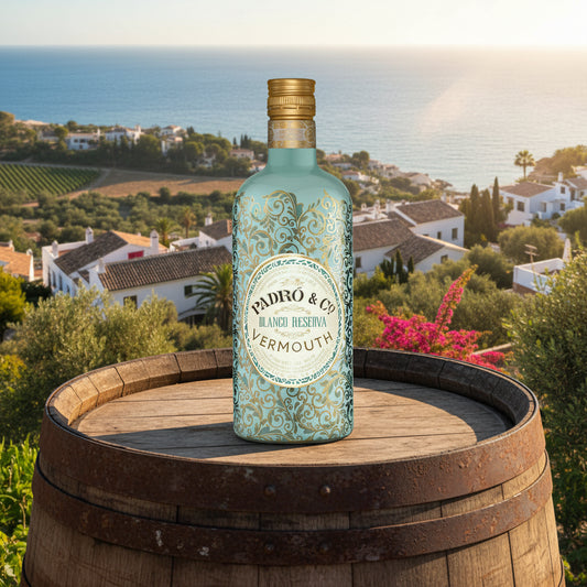 Bottle of Padró & Co Blanco Reserva Vermouth with a Mediterranean background