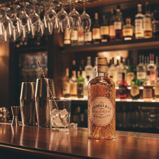 Bottle of Padró & Co Vermouth with decorative label on a cocktail bar