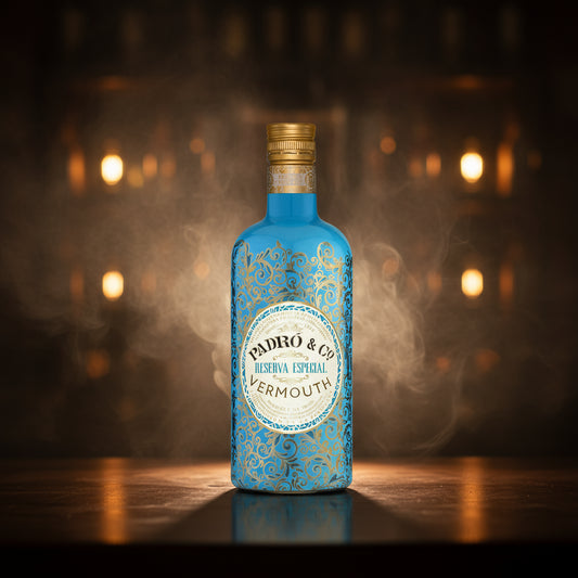 Blue bottle of Padró & Co Vermouth with a smokey background in a bar