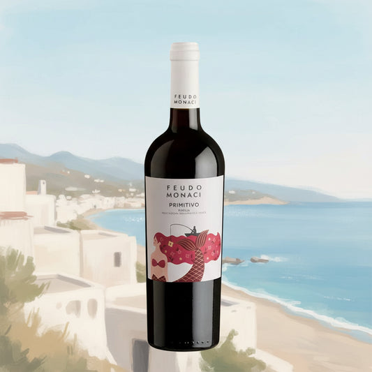Wine bottle with Feudo Monaci label and a picture of a fisherman and a mermaid. The background is an artistic depiction of a sicilian coastal town.