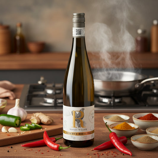 Bottle of white wine on a kitchen side where a curry is being prepared. There are chillies and spices in the background.